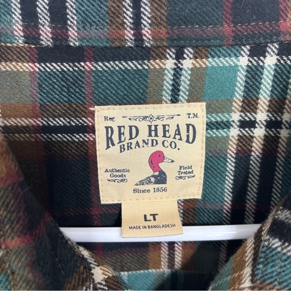 RedHead Men's Flannel Heavyweight Plaid Large Tall LT Brown Green Button Shirt - Picture 3 of 7